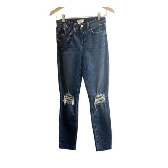 L’AGENCE Distressed Skinny Jeans Size 25 Busted Knees Attached Chain Edgy Rocker - Picture 1 of 10